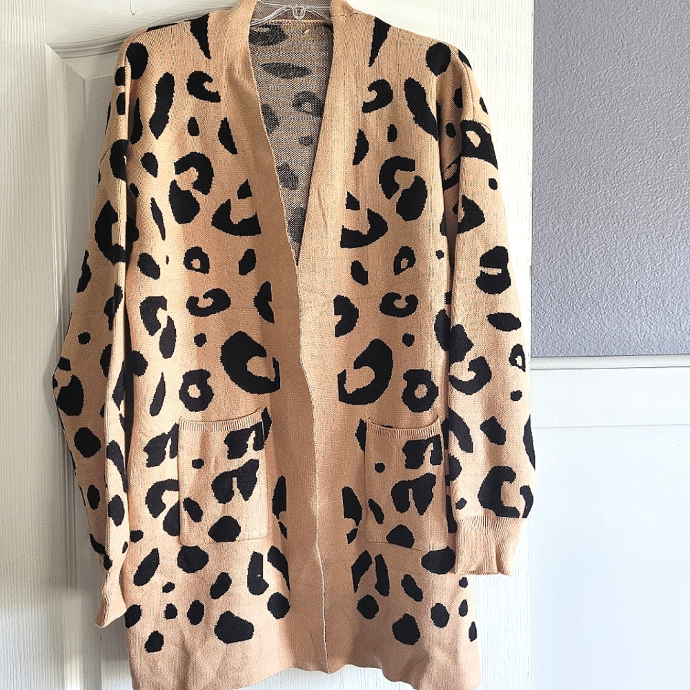 Tan/Black Leopard Print Long Open Front Cardigan Sweater Size M/L